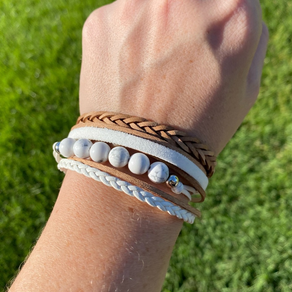 White Beaded Bracelet Boho Country Western Magnetic Brown Genuine Leather Cuff